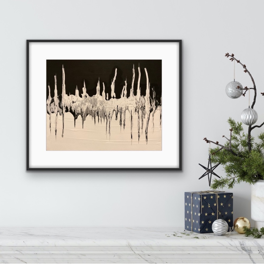 Original abstract painting in black & white signed by artist 16 x 20”